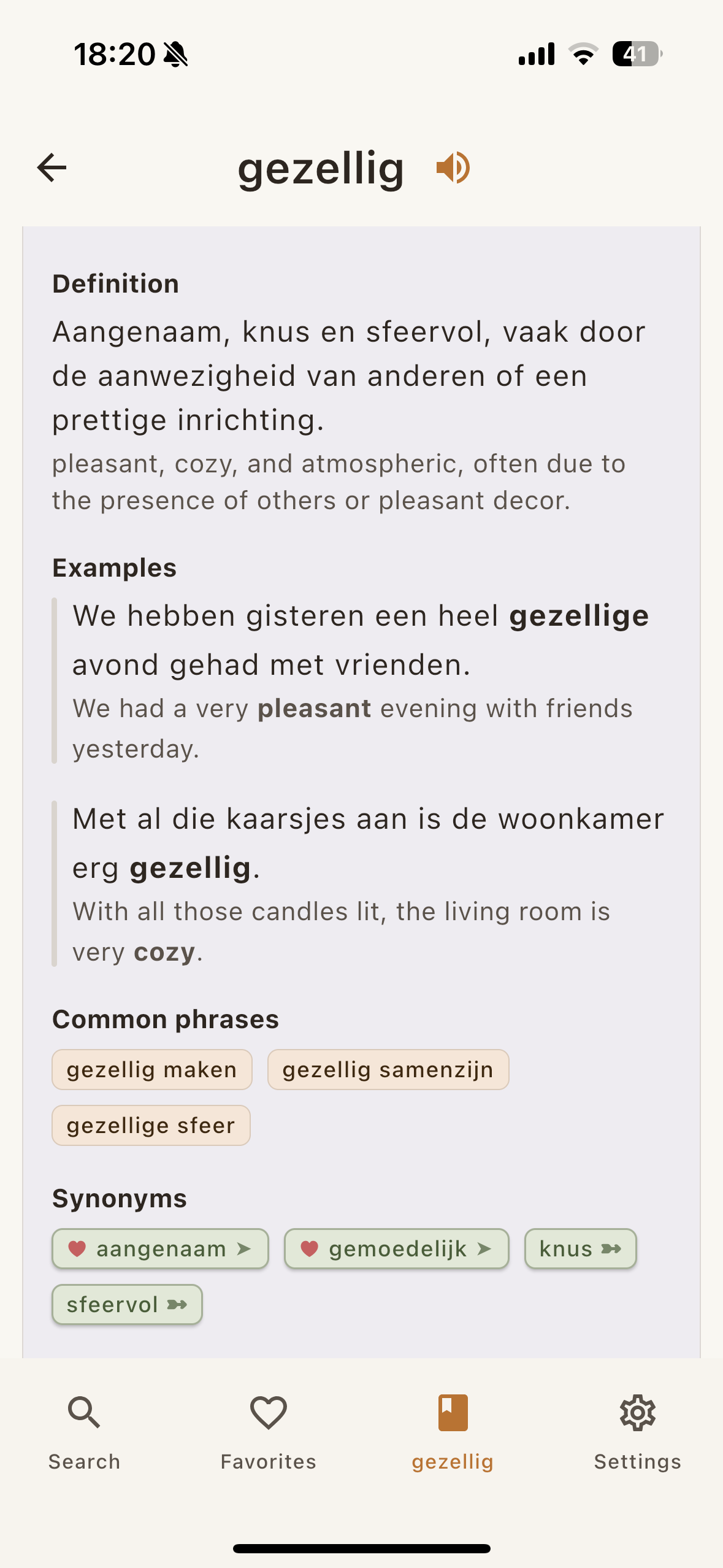 OpenWords sense card showing definition, examples, common phrases and synonyms for 'gezellig'